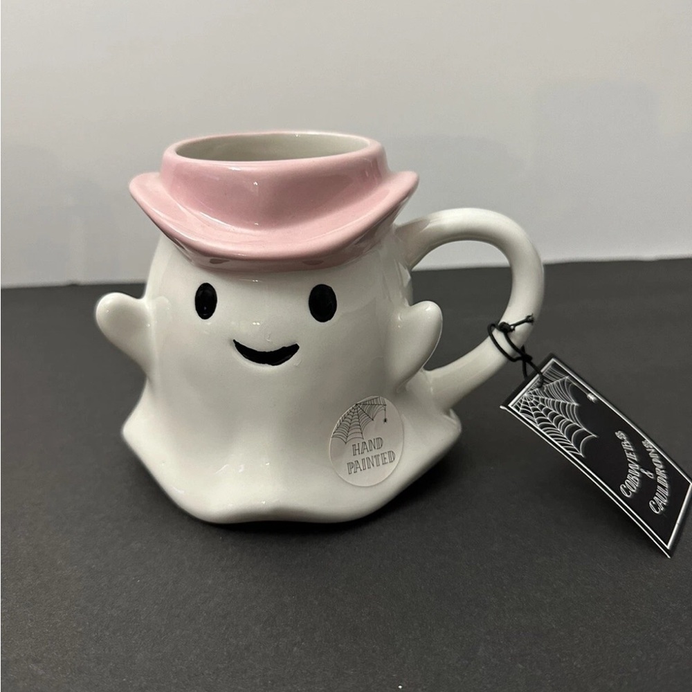 COBWEBS & CAULDRONS GHOST W/ ICE CREAM & SPIDERS WHITE COFFEE MUG HALLOWEEN NWT